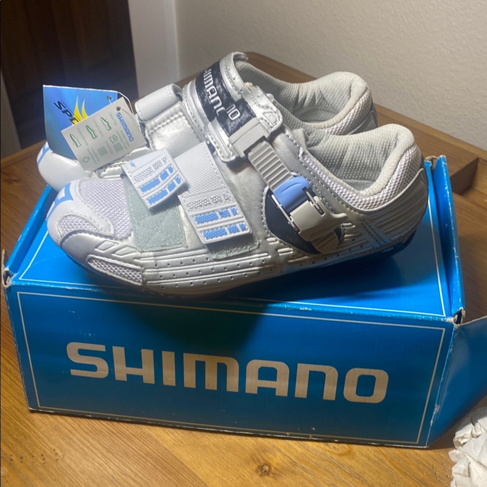 Shimano Blue and White Athletic Cycling Shoes with Velcro Straps